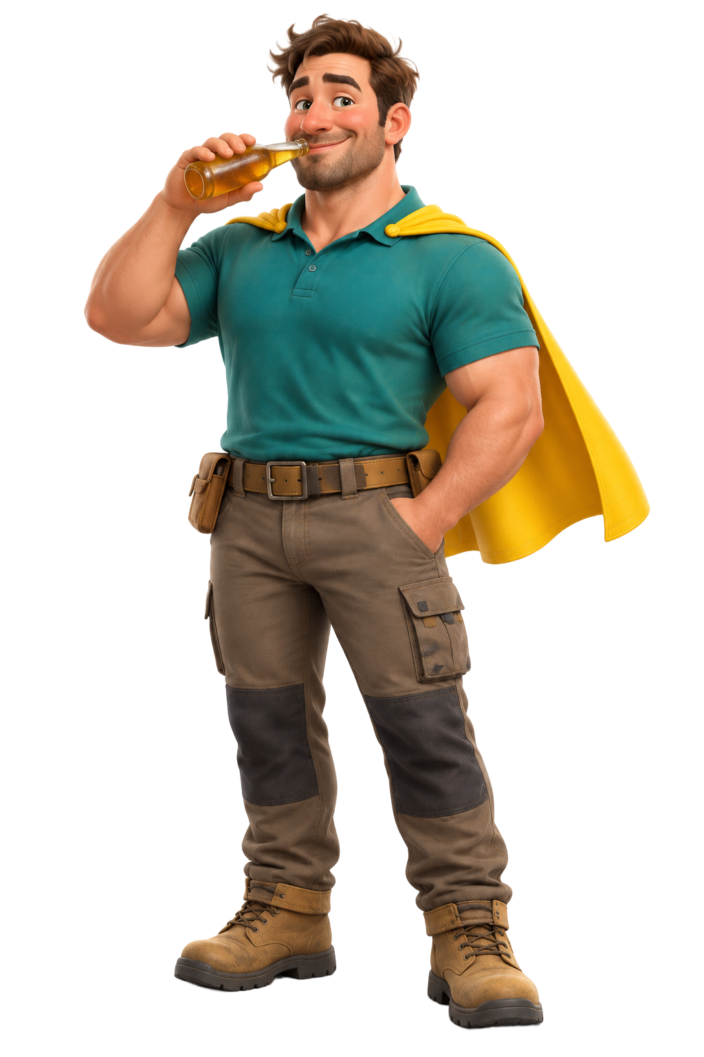 AI-powered landscaper superhero enjoying a well-earned beer