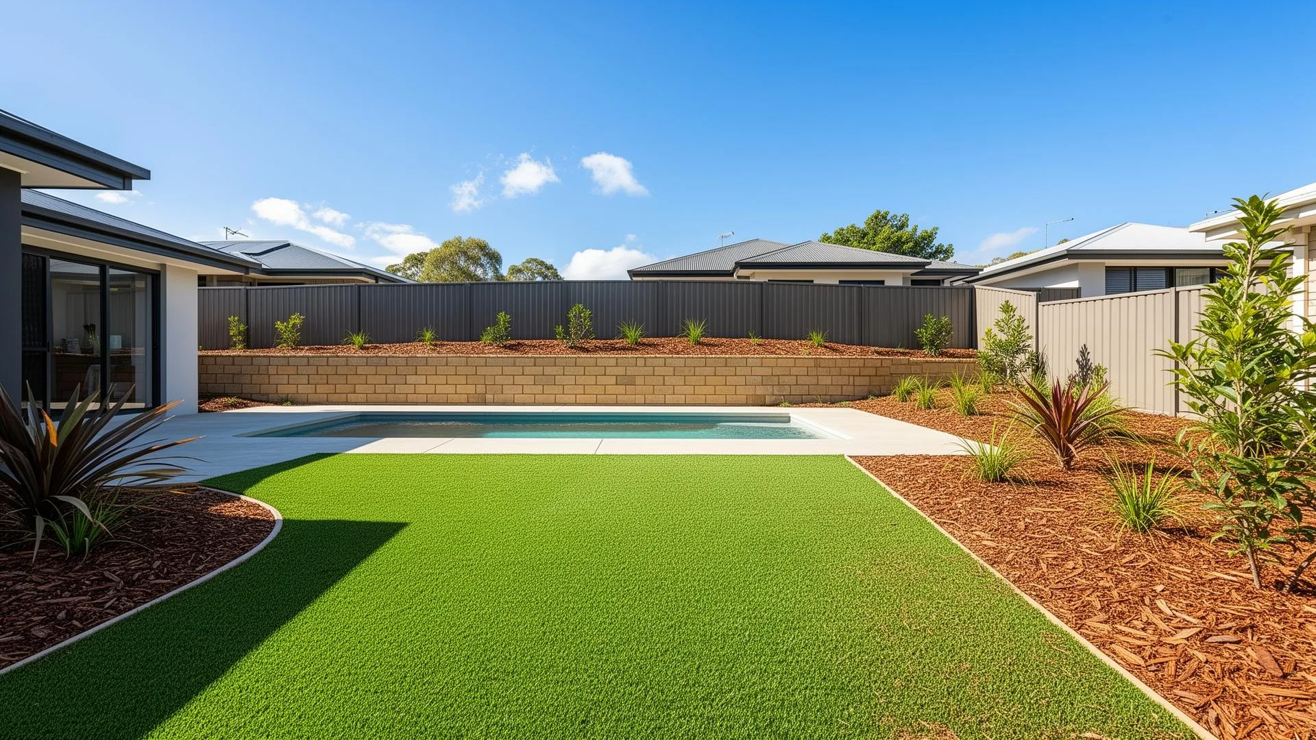 Landscaped backyard with pool surrounds, retaining wall and lawn