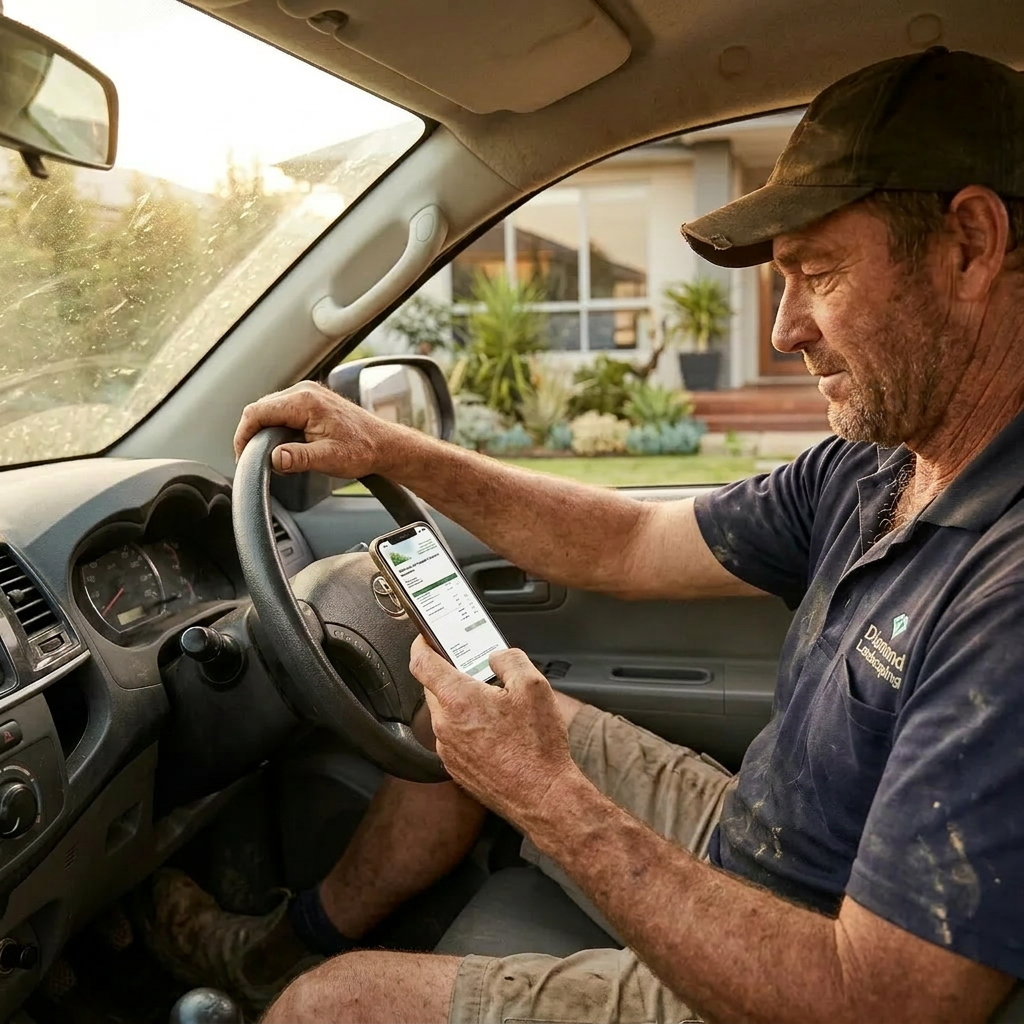 Landscaper sitting in his ute reviewing the quote on his phone after the site visit