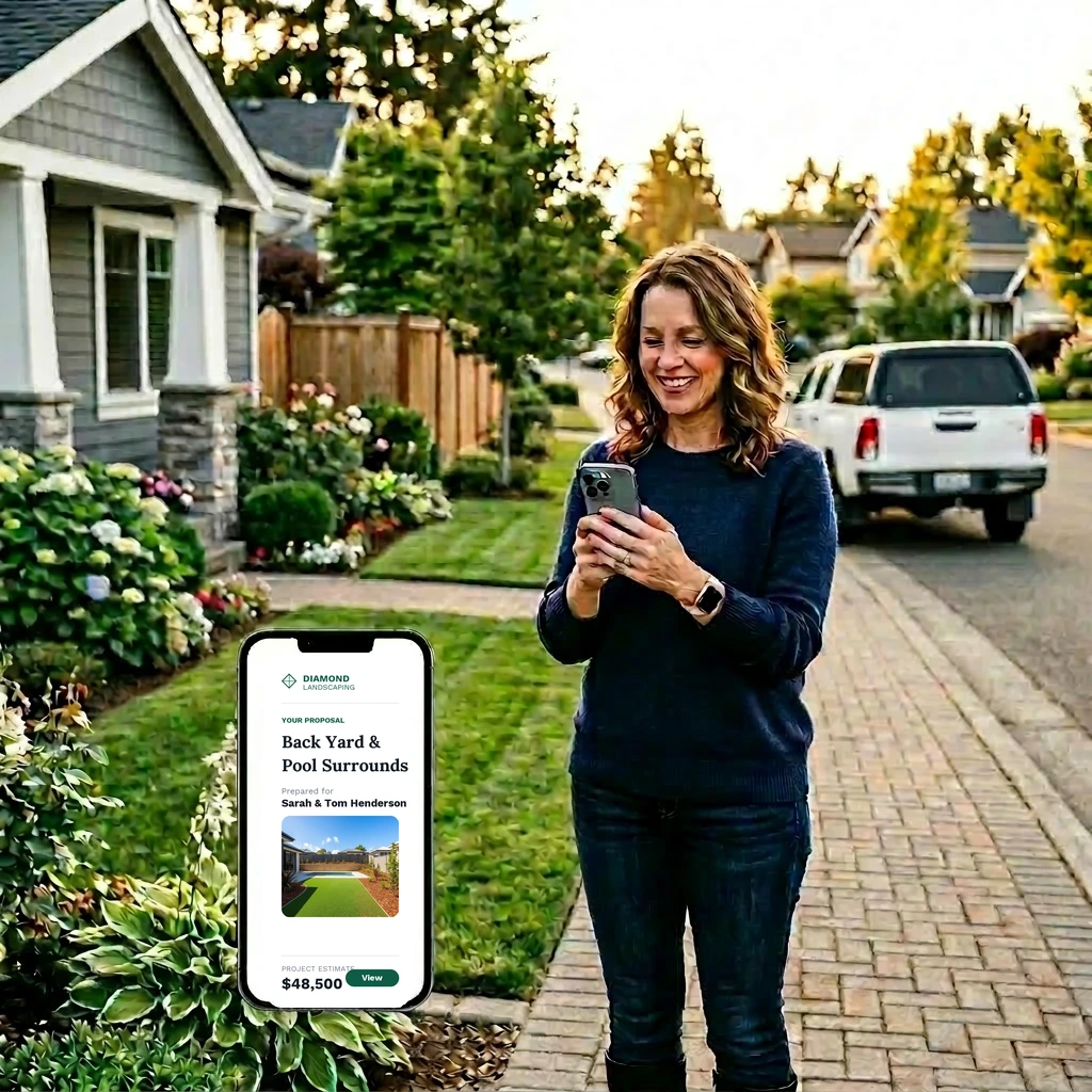 Landscaper looking at the finished branded proposal on his phone, ready to send