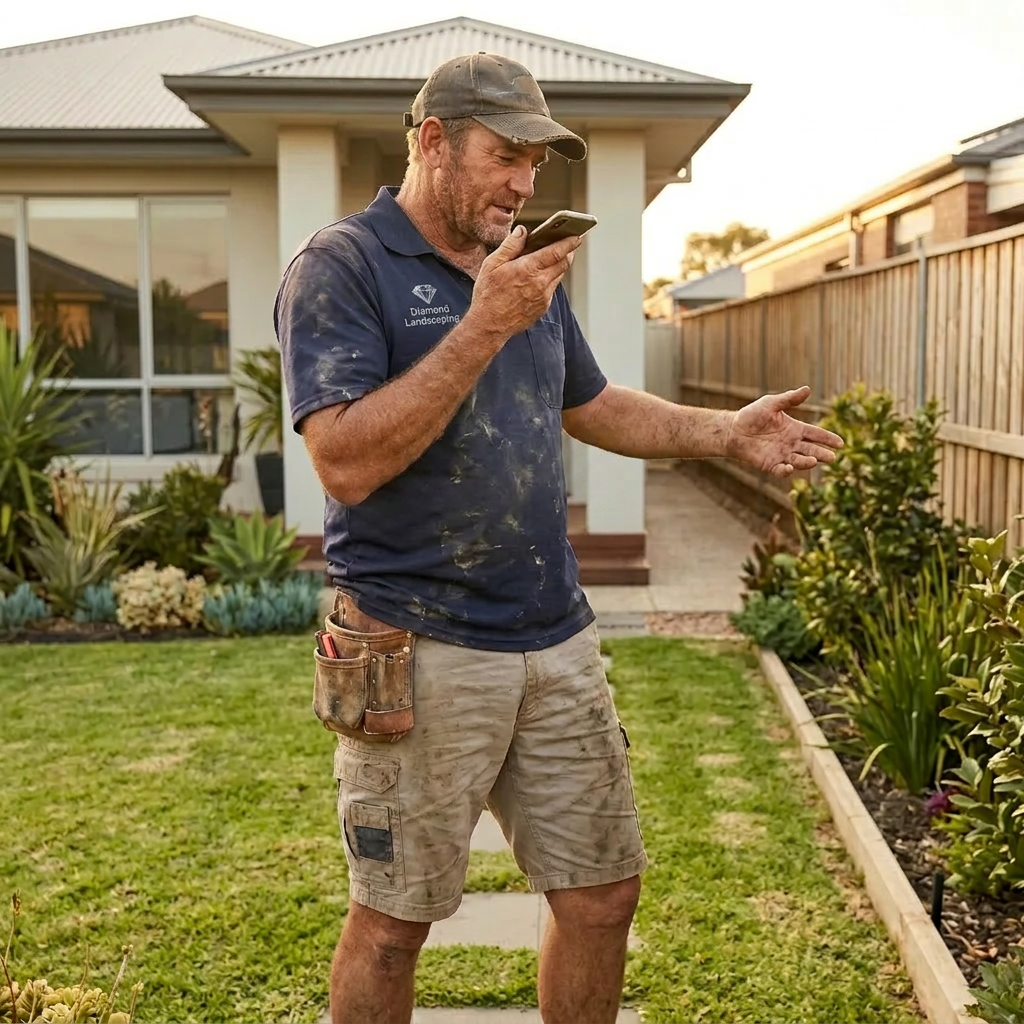 Landscaper recording a voice note on his phone while walking the client's garden